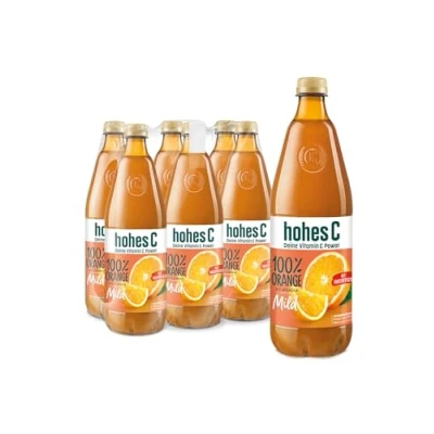 Abbildung von hohes C Milde Orange mit zartem Fruchtfleisch (6 x 1l), 100% Saft, Orangensaft, Vitamin C, ohne Zuckerzusatz laut Gesetz, weniger Säure, vegan, recyceltem PET