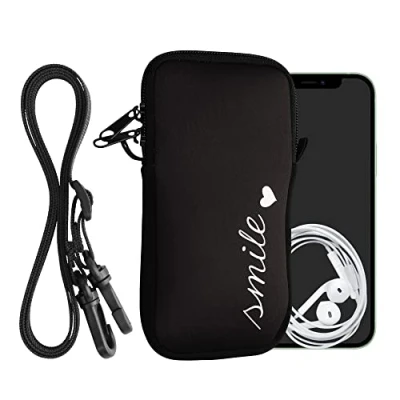 Abbildung von kwmobile Handytasche für Smartphones XL 6,7/6,8&quot; Neopren Handy Hülle Weiß Schwarz Tasche mit Kette 17,2 x 8,4 cm Innenmaße Smile Herz