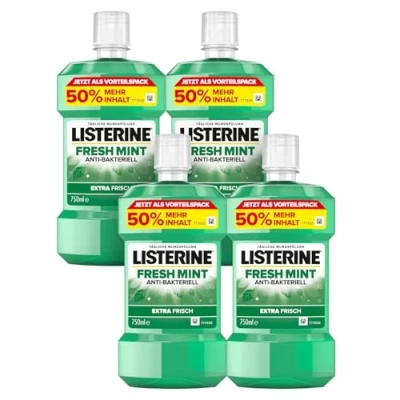 Abbildung von LISTERINE Fresh Mint (4 x 750 ml), antibakterielle Mundspülung mit ätherischen Ölen für einen frischen Atem, Mundwasser reduziert wirksam Zahnbelag und Mundgeruch
