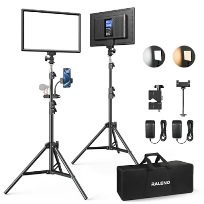 Abbildung von RALENO LED Videoleuchte, 2 Pack 384 Sanftes Video Streaming Licht mit 180cm Stativ Handyhalter 8000mAh Akku 3200 5600K 0 100% Dimmbar Fotolicht CRI95 für YouTube TikTok Fotografie Videobeleuchtung