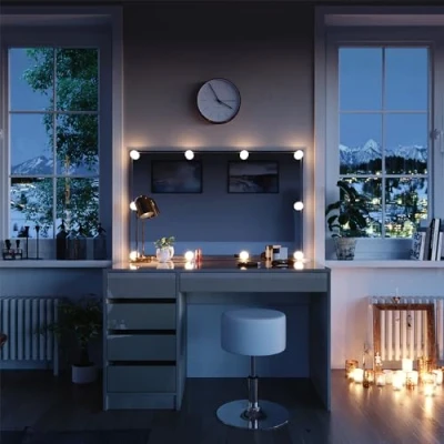 Abbildung von Vicco Schminktisch Sherry, Greige, 120 cm mit LED Beleuchtung und Hocker
