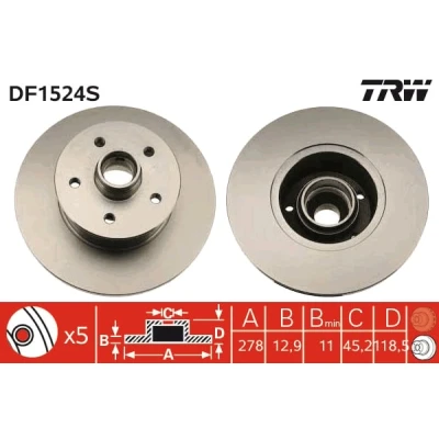 Abbildung von TRW DF1524S Bremsscheibe 278 12,9 5 112 voll lackiert VOLKSWAGEN: TRANSPORTER 3 Bus, Kasten, Pritsche/Fahrgestell