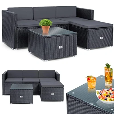 Abbildung von KESSER® Polyrattan Lounge Aruba Gartenlounge für 3 4 Personen Gartenmöbel Set Sitzgruppe aus 3er Gartensofa, Sessel, Hocker und Beistelltisch mit Sitzkissen Garten, Terrasse, Balkon, Anthrazit
