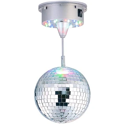 Abbildung von Lunartec Diskokugel: Selbstdrehende Discokugel mit Sockel und 18 farbigen LEDs, Ø 15 cm (Discokugel Batterie, batteriebetrieben, LED Farbwechsler)
