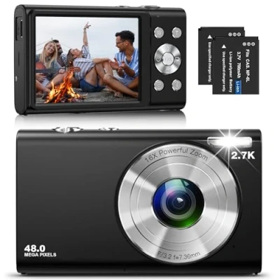 Abbildung von Digitalkamera, STUOGYUM Autofokus Vlogging Kamera FHD 2.7K 48MP Fotokamera Wiederaufladbare Kompaktkamera für YouTube Fotografie Anfänger （Schwarz）