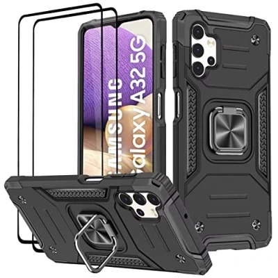 Abbildung von KANSi Hülle kompatibel für Samsung Galaxy A32 5G, Schutzfolie [2 Stück] Silikon TPU Hart PC Handy Hüllen 360 Grad Drehbar Ringhalter Bumper Stoßdämpfung Schutzhülle 5G Schwarz