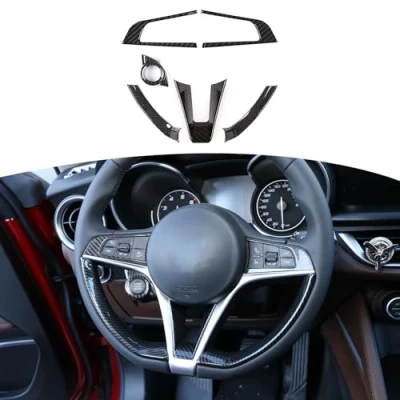Abbildung von DIYUCAR Karbonfaser Aufkleber aus ABS Kunststoff, Auto Lenkrad Dekoration, Verkleidung für Giulia Stelvio 20172019, 6 Stück
