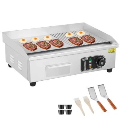 Abbildung von VEVOR Kommerzieller elektrischer Grill, 3200 W, halbflacher Grill für die Arbeitsplatte, einstellbare Temperatur von 50300 C, 54 x 30 1 cm, Edelstahl Grillplatte mit 2 Schaufeln und Bürsten