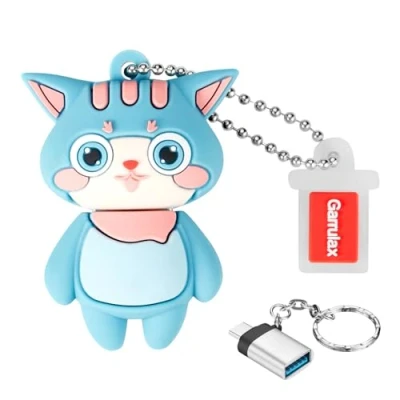 Abbildung von GARRULAX USB 3.0 Flash Laufwerke, wasserdichte Silikon High Speed Datenspeicher Laufwerk Memory Stick Pen Disk Pendrive mit OTG Typ C Adapter(Cyan Cat,128GB)