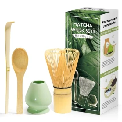 Abbildung von 4 Stück Matcha japanisches Zeremonienset, MatchaBesen aus Naturbambus, Löffel Bambus, Schaufel Quirlhalter, Zubehör für die Teezeremonie, das Getränk Seladonblau
