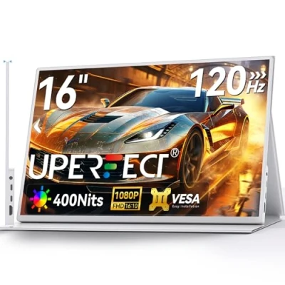 Abbildung von UPERFECT Portable Monitor for Laptop, 16 Zoll 120Hz Tragbarer für Gaming FHD 1080P Mobiler mit HDMI Bildschirm Erweiterung Laptop/Spielkonsole/Phone, VESA Kompatibel, Weißes
