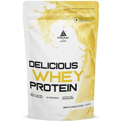 Abbildung von PEAK Delicious Whey Protein 900g Geschmack White Choco Coco (Snowball) I 30 Portionen Pulver Proteinquelle: Molkenprotein Konzentrat + Isolat ohne Zuckerzusatz mit Verdauungsenzym Laktase
