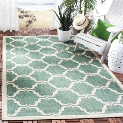 Abbildung von SAFAVIEH Geometrisch Teppich für Wohnzimmer, Esszimmer, Schlafzimmer Courtyard Collection, Kurzer Flor, Dunkelgrün und Beige, 201 X 290 cm