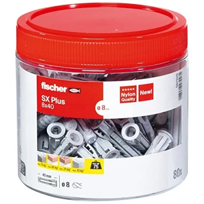 Abbildung von fischer Spreizdübel SX Plus 8 x 40, handliche Runddose mit 80 Nylondübeln, Dübel für optimalen Halt bei Befestigungen in Beton, Vollziegel, Porenbeton, Hochlochziegel uvm.