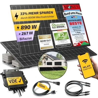 Abbildung von Solakon® 890W Balkonkraftwerk mit Halterung (Flachdach) 800W komplett Steckdose 800 Watt Wechselrichter Solaranlage Komplettset 445W bifaziale Solarmodule inkl. Zubehör