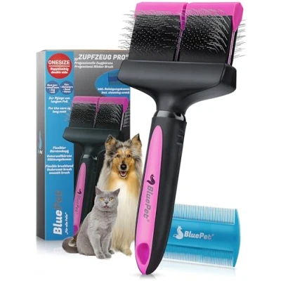 Abbildung von BluePet ZupfZeug Pro Professionelle Hundebürste Langhaar, Flexible Zupfbürste für Hunde &amp; Katzen I Entfernt sanft Unterwolle, Verfilzungen Knoten (Doppelkopf Rosa)