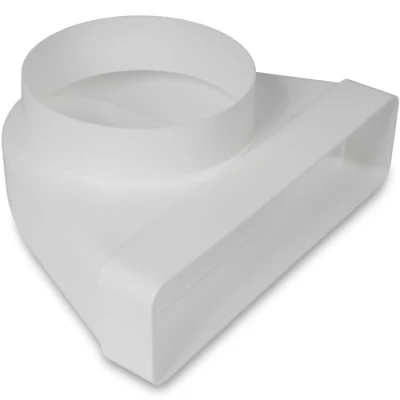 Abbildung von 90 Grad 220 x 55 mm auf Ø125 rechteckiger Flachkanalverbinder für Rundrohranschluss Klima, Lüftung, Heizung, Kühlung.