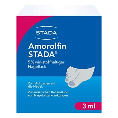 Abbildung von Amorolfin STADA zur äußerlichen Behandlung von Nagelpilz Erkrankungen 5% wirkstoffhaltiger Nagellack mit 30 Tupfern, Feilen, 10 Spateln 1 x 3 ml