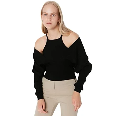 Abbildung von TRENDYOL Damen Textured Halter Neck Jumper Sweatshirt, Schwarz, M EU
