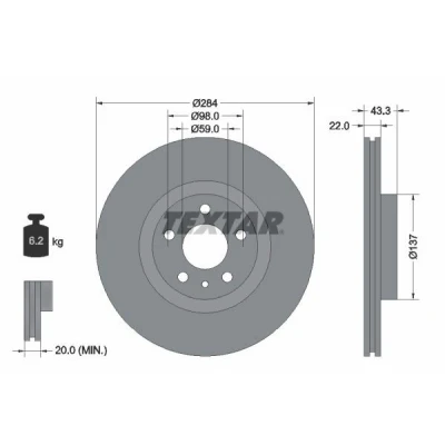 Abbildung von TEXTAR PRO 92252803 Bremsscheibe 284 22 05/06 98 innenbelüftet beschichtet ohne Radbefestigungsbolzen, Radnabe FIAT: 500 Schrägheck, 500L