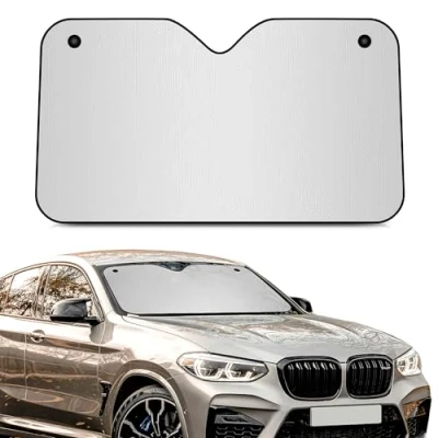 Abbildung von +PWR Car Parts Autosonnenschutz aus Aluminium, vorne, Silber, Größe L, 140 x 80 cm, mit Saugnäpfen. Schützt den Fahrzeuginnenraum vor Sonneneinstrahlung. Einfache und schnelle Installation.