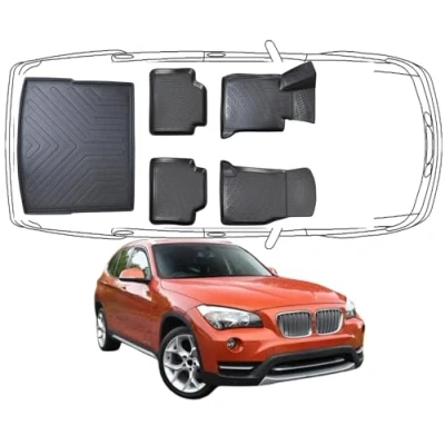 Abbildung von Trimak Passgenau 3D Fussmatten &amp; Kofferraumwanne Auto Set Kompatibel mit BMW X1 E84 2009 2015 Zubehör Gummimatten Kofferraummatte Autos TPE Allwetter Geruchlos rutschfest Schwarz