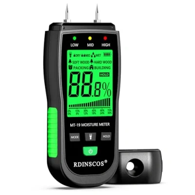 Abbildung von Feuchtigkeitsmessgerät RDINSCOS Feuchtigkeitsmesser Detector mit LCD Display Holzfeuchte messgerät,Holzfeuchtemessgerät für Brennholz,Holz,Papier,Böden