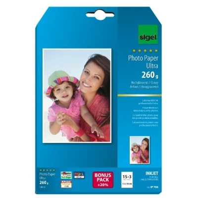 Abbildung von SIGEL IP706 InkJet Fotopapier Ultra, 13x18 cm, 15 + 3 Blatt gratis, hochglänzend, extrem lichtbeständig, 260 g, für hochwertige Fotografien