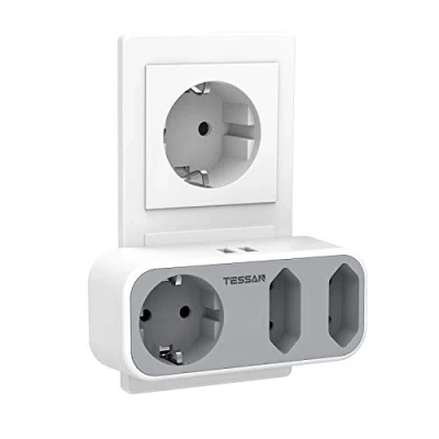 Abbildung von TESSAN Mehrfachstecker mit USB, Doppelstecker für Steckdose, 3 Fach Steckdosenadapter 2 USB 3600W, Doppelsteckdose Ladegerät Kompatibel Phone, Grau