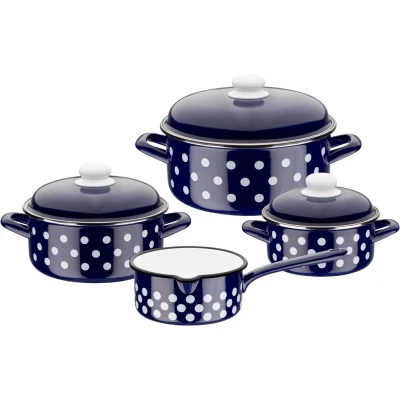 Abbildung von GSW Topf Set, Stahl Emaille, (Set, 7 tlg., je 1 Kochtopf Ø 16/20/24 cm, 1x Stielkasserolle 16 cm), inkl. Literskala, Induktion