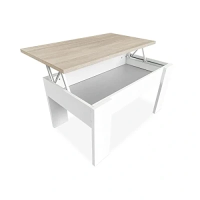 Abbildung von DREAMING ONLINE 0 Höhenverstellbarer Couchtisch, Wohnzimmer oder Esszimmertisch, Oberfläche, Maße: 90 cm (Breite) x 50 (Tiefe) 46 57 (Höhe), Holz, Weiß, Deckel Cambria, 46/57