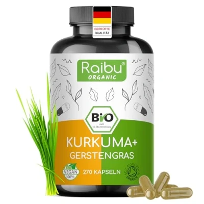 Abbildung von BIO Kurkuma Gerstengras Kapseln hochdosiert (270 x 700 mg) In Deutschland produziert Hochdosierte im Verhältnis 2:1 Vegan &amp; Ohne Zusätze Raibu