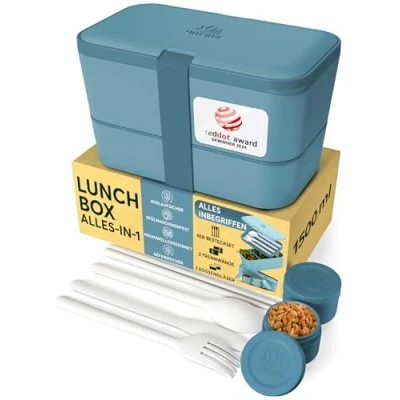 Abbildung von UMAMI Lunchbox Bento für Erwachsene mit Besteck und 2 Saucenbehältern, (Inkl. Zubehör Brotdose Fächern Meal Prep), als Brotdosen Salat, Snack Box, Auslaufsichere