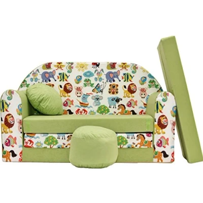 Abbildung von All4All Kindersofa Klappsofa Schlafsofa 3in1 Velo Spielsofa für Kinder Sofa zum Aufklappen mit Pouf faltbar Schlafen Schaumstoff (Z5 Grün + Tiere)