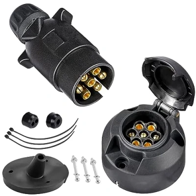 Abbildung von SPARKMOTO Anhänger Stecker 7 Polig und Steckdose Set, nach ISO1724,12V Wasserdicht pol mit Montagezubehör für Wohnwagen LKW KFZ PKW(Nuss Kappe)