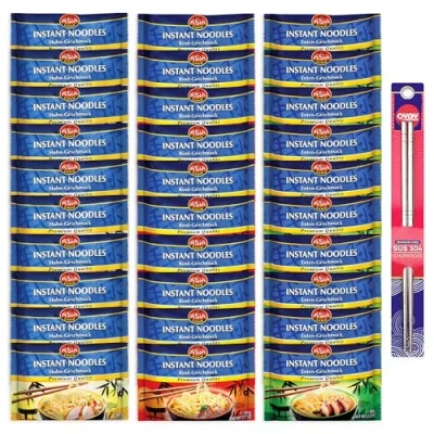 Abbildung von 30er Mix Set Asia Gold Instant Nudeln I je 10x Rind Huhn Ente 30x60g Chinesische Asiatische Ramen OYOY Metall Essstäbchen