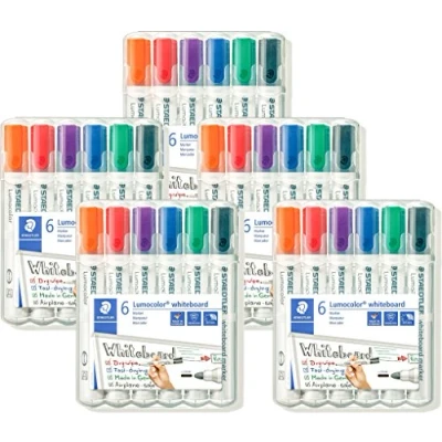 Abbildung von STAEDTLER whiteboard Marker Lumocolor, Linienbreite 2,00 mm, schnelltrocknend, geruchsarm, lange Lebensdauer, blockierte Spitze, 6 in aufstellbarer box, 351 WP6 1