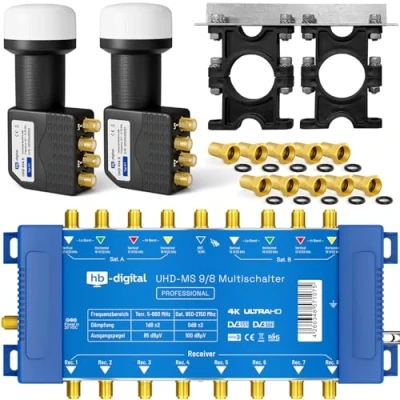 Abbildung von HB DIGITAL Set: 2X Quattro LNB Schwarz (Test: SEHR GUT) + Multischalter pmse 9/8 9X Satellit und bis zu 8 x Teilnehmer/Receiver für Full HDTV 3D 4K UHD mit Netzteil 30 Vergoldete F Stecker