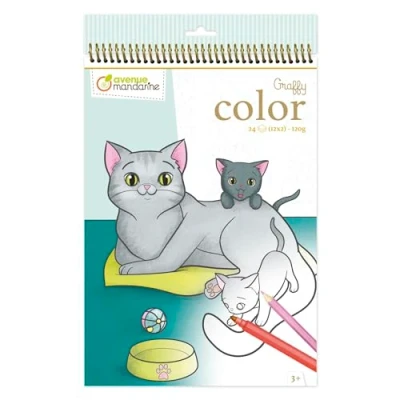 Abbildung von Avenue Mandarine GY105AMZC Set mit x1 Malblock Graffy color (24 Blatt Mutter/Kind) + 12 Filzstiften 2 Bögen Stickers Cooky (Hund/Katze), ideal ab 3 Jahren, 1