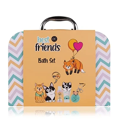 Abbildung von accentra Bade und Dusch Set Best Friends für Frauen Mädchen, mit süßem Erdbeere &amp; Vanille Duft, Geschenk verpackt in einem Papierkoffer
