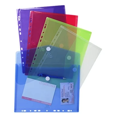 Abbildung von Exacompta 57380E Packung mit 5 Prospekthüllen, gelocht, für DIN A4, robust aus PP 200μ, Klettverschluss und Klappe, 1 Pack, farbig sortiert
