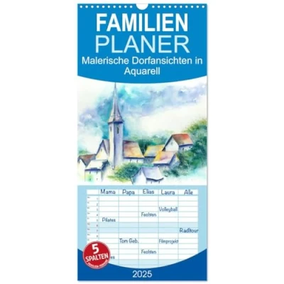 Abbildung von Familienplaner 2025 Malerische Dorfansichten in Aquarell mit 5 Spalten (Wandkalender, 21 cm x 45 cm), CALVENDO