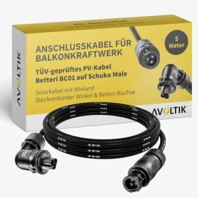 Abbildung von Avoltik Anschlusskabel für Balkonkraftwerk I 5 m Solarkabel mit Wieland Steckverbinder Winkel &amp; Betteri Buchse TÜV geprüftes PV Kabel BC01 auf Schuko Male Wechselrichter