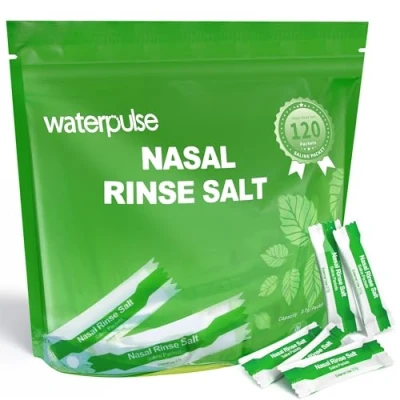 Abbildung von Waterpulse 120 Salzpackungen, vorgemischte Neti Topf Salz Pakete, einzeln verpackt, Nasenspülpackungen, Sinusspülpackungen für Nasenspülsystem, Nasenspülung, Quetschflasche, natürliche Minze