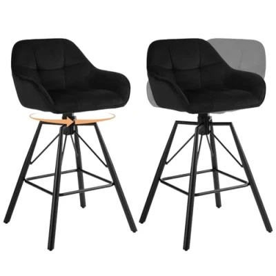 Abbildung von WOLTU Barhocker 2er Set, 360drehbar Barstuhl Bistrohocker mit Rückenlehne Tresenhocker Lehne Fußstütze 4 Beinen, drehbar, gepolstert, Samt Metall, Schwarz, BH397sz 2