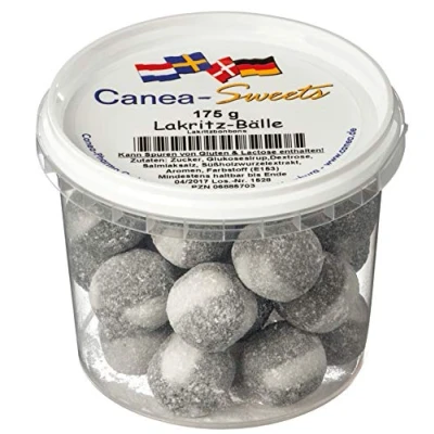 Abbildung von CANEA Sweets Gezuckerte Lakritzbonbons mit Pulverkern, Lakritz Bälle Dose, 1er Pack (1 x 175 g)