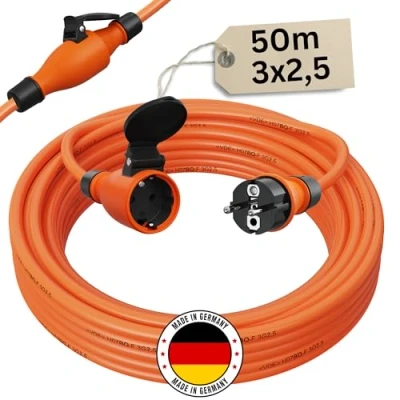 Abbildung von Verlängerungskabel 50 Meter IP54 Außen Verlängerung 50m Stromkabel Außenbereich Kabel Strom Verlaengerungskabel Gummikabel H07BQ F 3x2,5 Schuko Outdoor Extension Cord