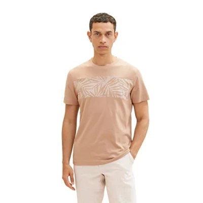 Abbildung von TOM TAILOR Herren 1036436 T Shirt mit Palmen Print, 24048 Desert Fawn, L