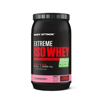 Abbildung von Body Attack Extreme Iso Whey Protein Pulver Strawberry, 1 kg Pulver, leicht löslich &amp; schnell verdaubares Isolate aus 100% irischer Weidemilch