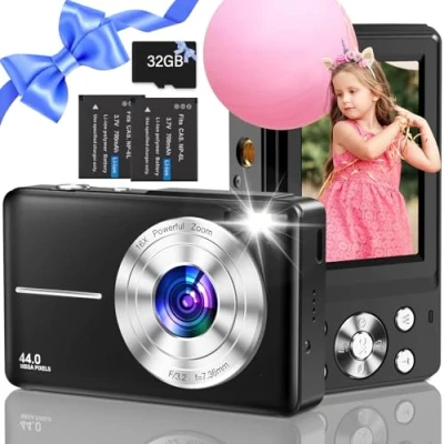Abbildung von Digitalkamera, Nsoela Fotokamera Kompaktkamera mit 32GB Karte 44MP Fotoapparat 1080P HD Vlogging Kamera LCD Bildschirm 16X Digitalzoom &amp; 2 Batterien für Teenager,Anfänger (Schwarz)